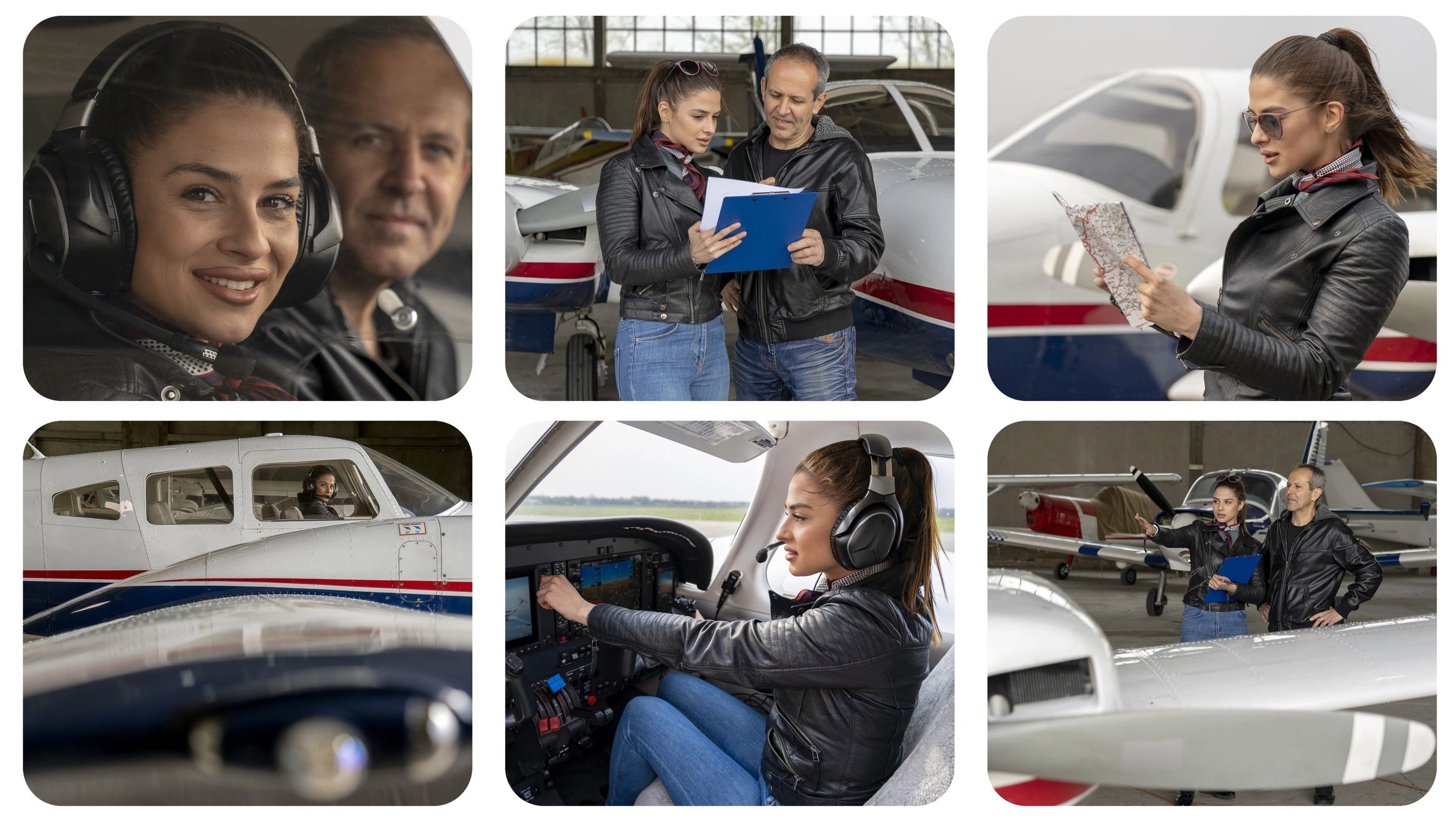 Flight instructor and student near multi-engine airplane